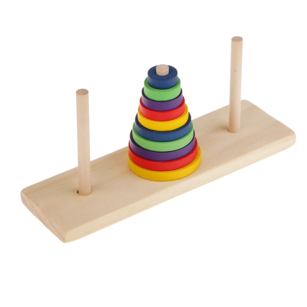 Tower of Hanoi Wooden Puzzle 10 Rings Geometric Stacker Kids Developmental Toy, 10 Colorful Pieces
