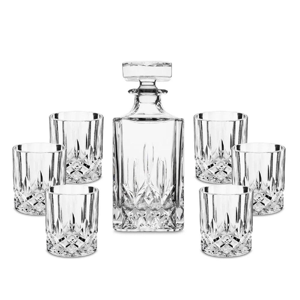 Crystal Whiskey Decanter Set 25 oz Liquor Bottle Carafe & Whisky Glasses, Rock Barware for Home Bar Party, 7-Pieces