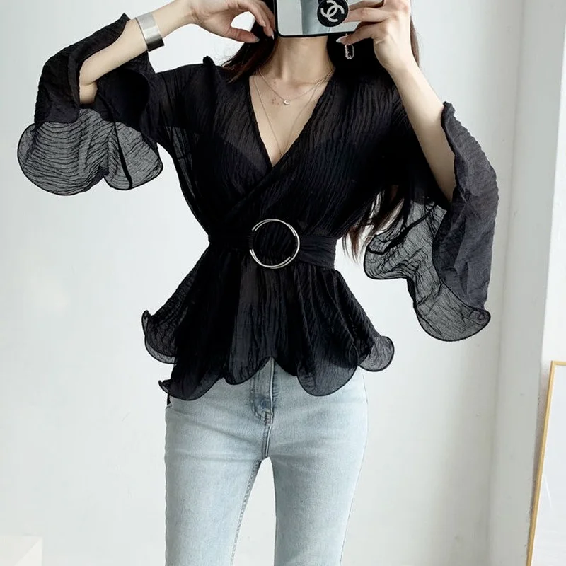 Blouse Women Sashes Solid Temperament Fashion All-match Slim V-neck Summer New Breathable Vintage Flare Sleeve Lady Korean Style