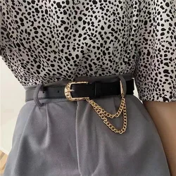 Fashion Punk Unisex Alloy Pin Buckle Belt Luxury Brand PU Leather Golden Chain Waist All-Match Jeans Trousers Thin Waistband