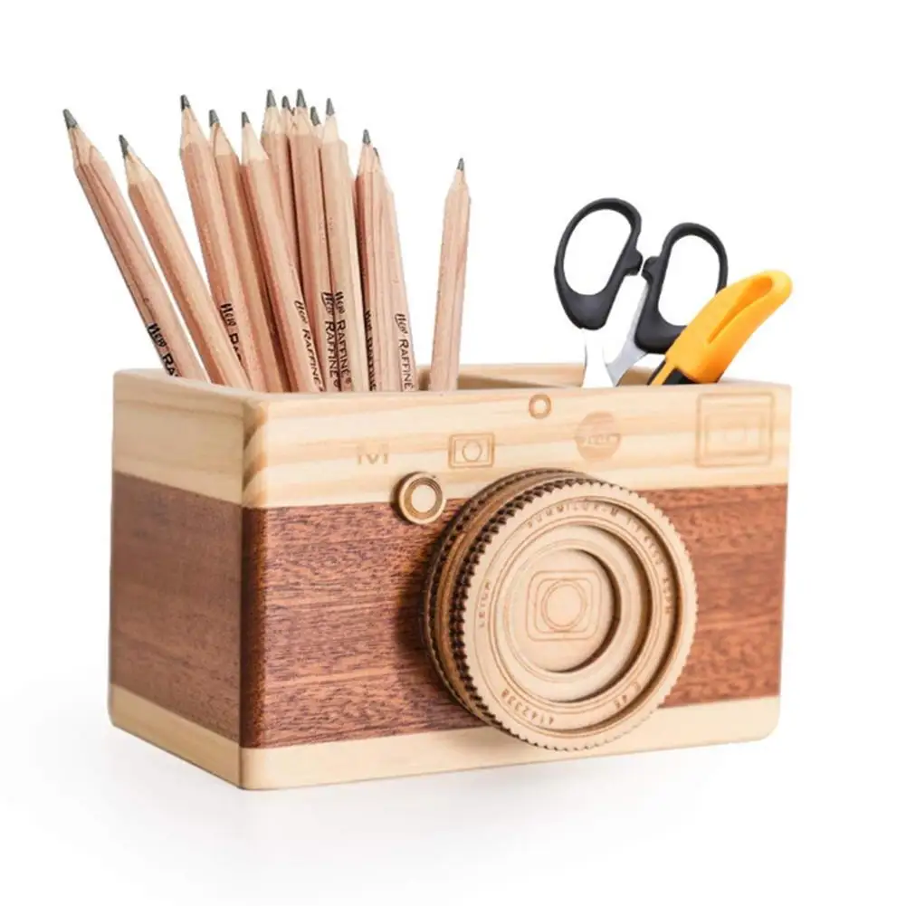 Creative Camera Wooden Pencil Holder Home Desktop Stationarys Makeup Organizer Square Pen Holder