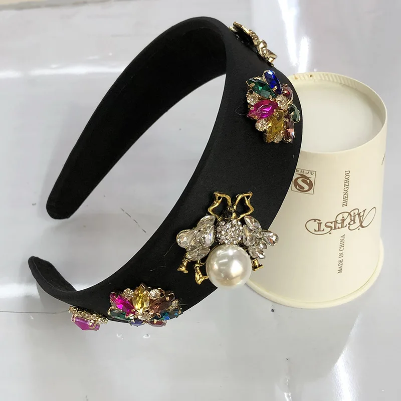 Baroque Big Rhinestone Headband Hairband for Women Girls Metal Bee Beads Flower Head Hair Accessories