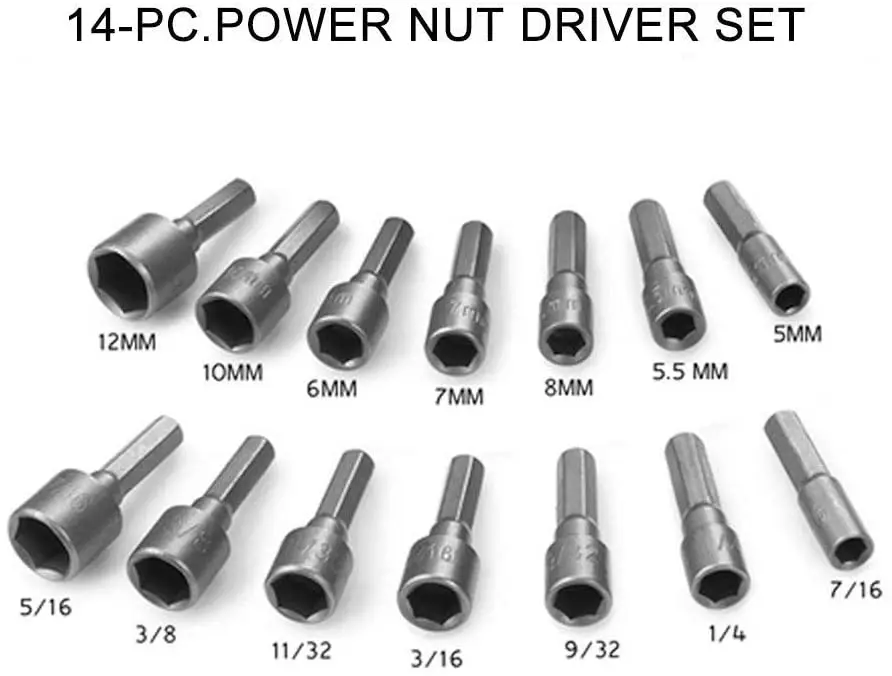 14 PCS Power Nut Driver Bit Set Electronic 5-12mm Hex Socket Adapter Forged hardened Chrome Vanadium Steel 1/4" Driver Nozzles