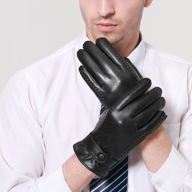 

Men Genuine Leather Gloves Winter Warm Touch Screen Gloves Adult Male Driving Fashion Full Finger Black Gloves High Quality