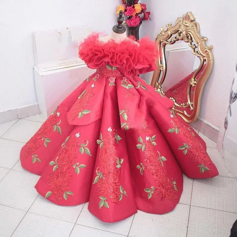 Abiti da spettacolo per ragazze di anguria con spalle scoperte Appliques di pizzo Flower Girls Dress abito da compleanno per servizio fotografico