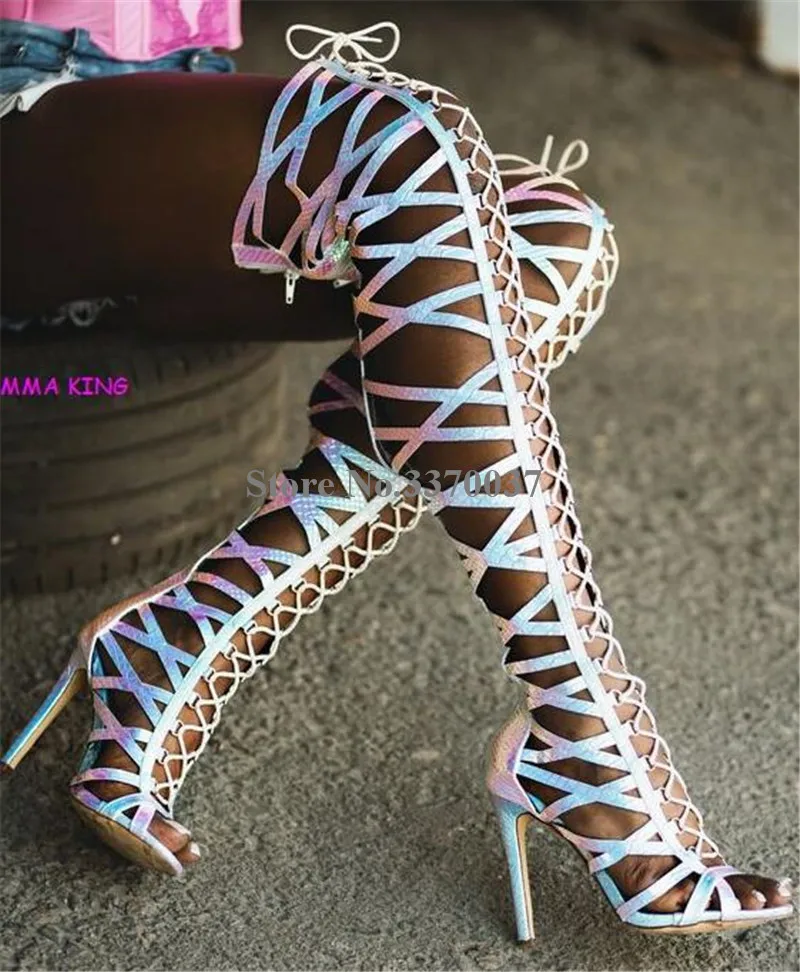 New Design Women Fashion Open Toe Lace-up Strap Cross Over Knee Gladiator Boots Cut-out High Heel Long Boots Dress Shoes