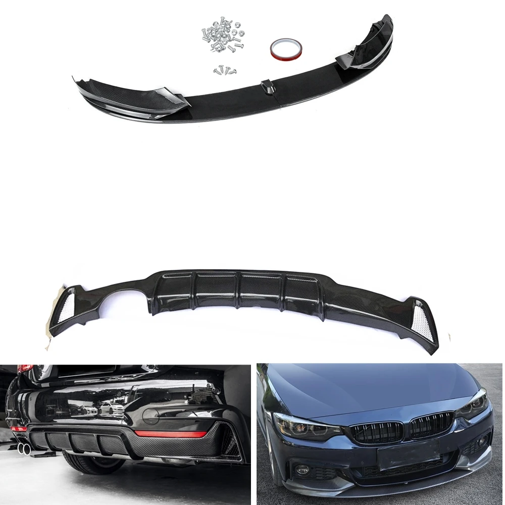 

For BMW F32 F33 F36 4 Series 2014-2020 M Sport Carbon Fiber Look/Gloss Black Front Spoiler Lip Splitter+Rear Bumper Diffuser Kit