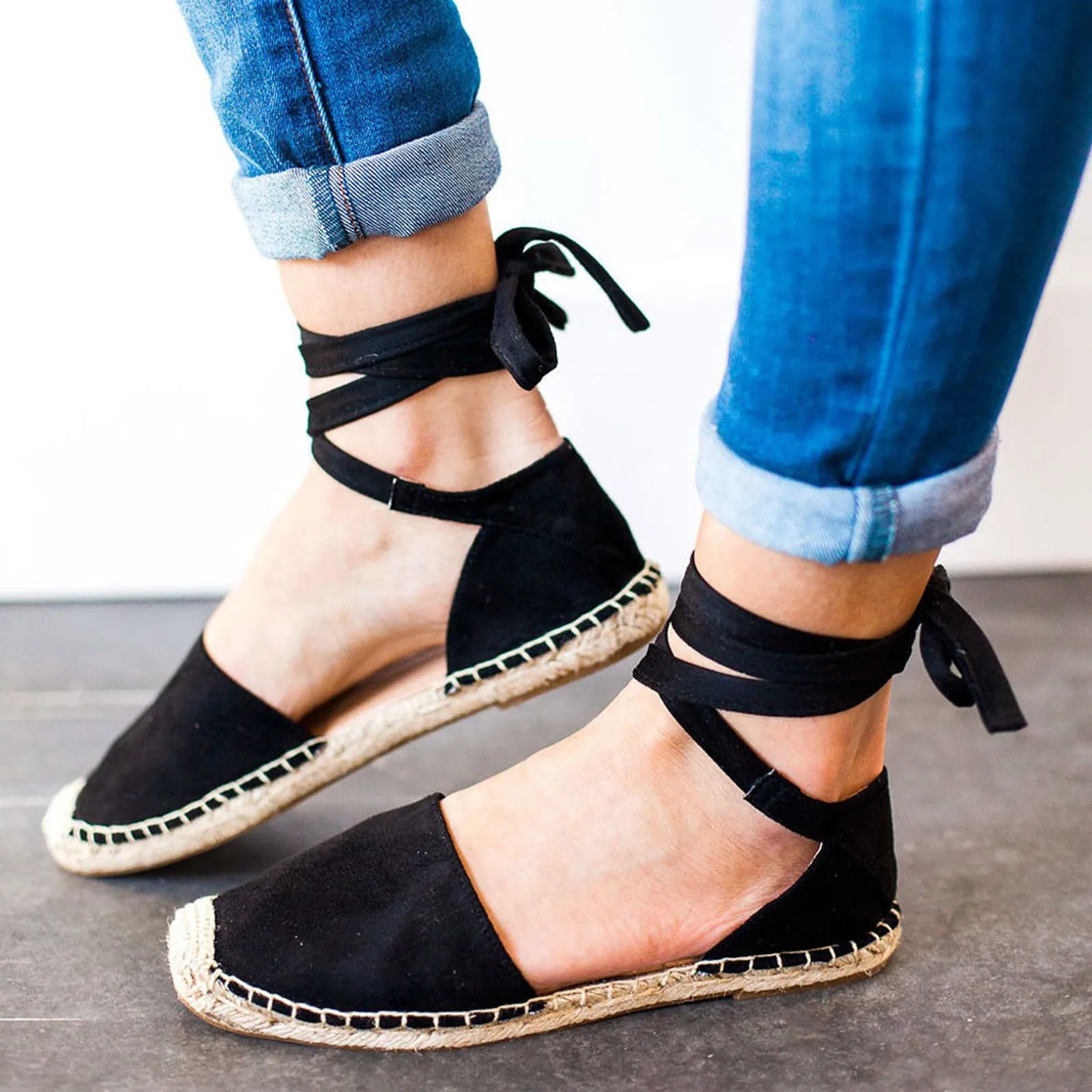 2021 Women\'s Shoes Flat Heel Rope Womens Flat Lace-Up Espadrilles Summer Chunky Holiday Sandals Shoes Strap Shoes Black Khaki