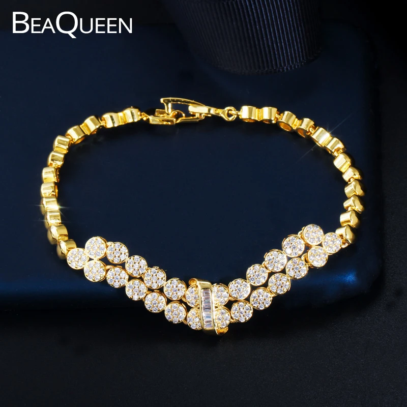 

BeaQueen Sparkling Tiny 5A Cubic Zirconia Stones Paved Luxury Dubai Gold Color Women Bracelets Wedding Party Jewelry Gift B187