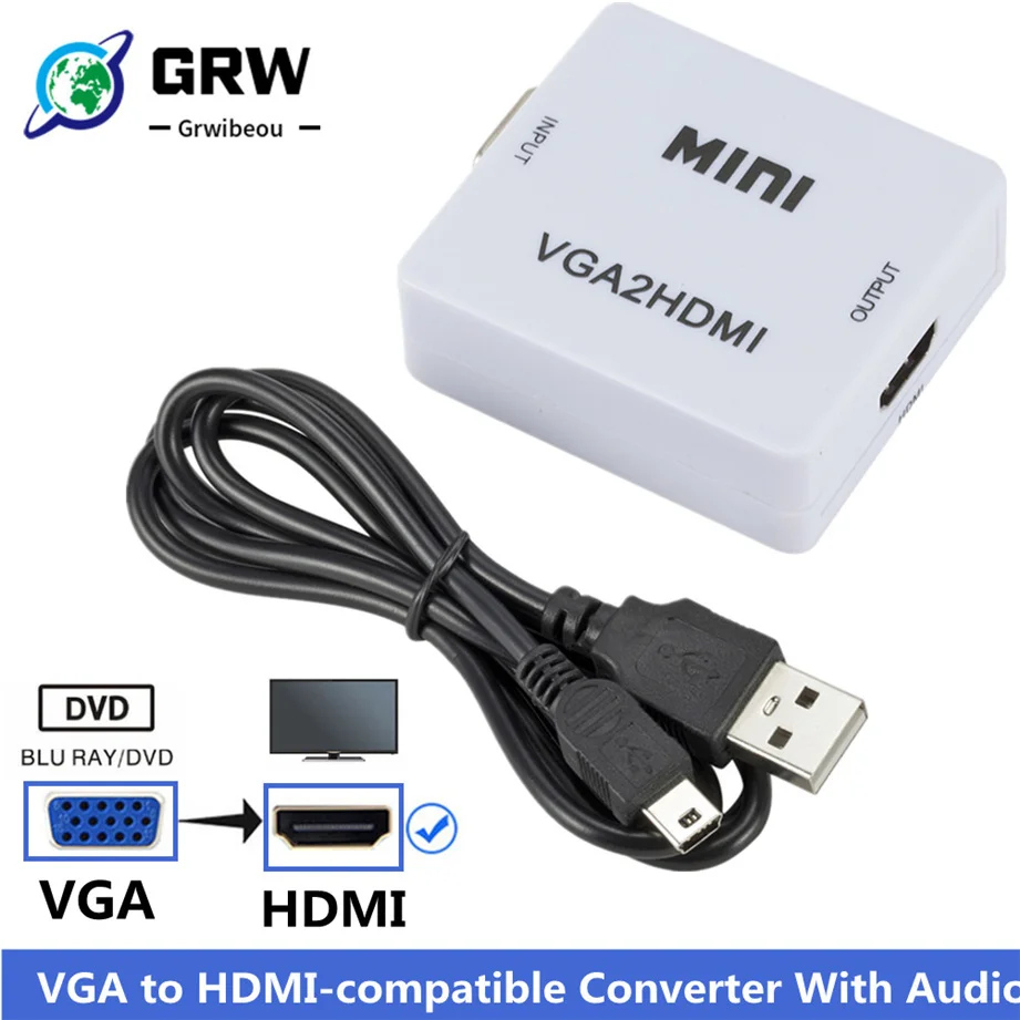 Grwibeou Portable Mini VGA to HDMI-compatible Converter VGA2HDMI Video Box Audio Adapter 1080P For Notebook PC HDTV Projector TV