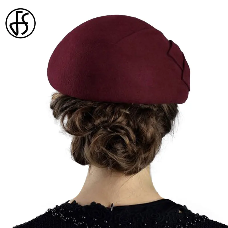 FS French Berets Caps For Women Fashion 100% Wool Felt Fedora Hat Winter Blue Purple Red Church Female Fleece Cloche Hats