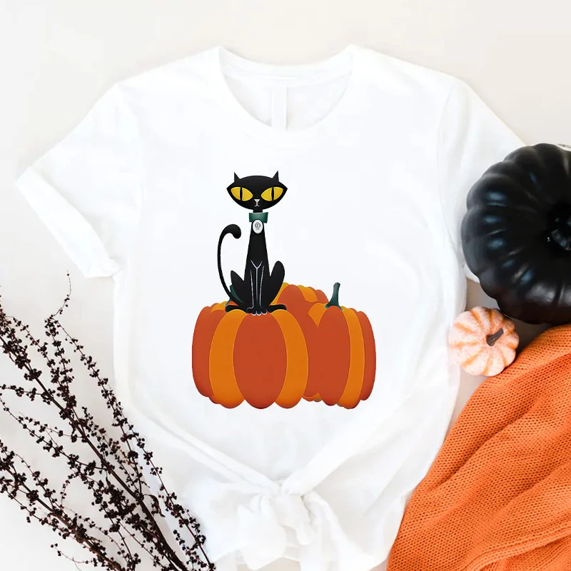 Niedlichen Cartoon-Muster Katze Lustige Graphic Tees Frauen Kürbis Halloween Trendy Drucken Weibliche Kleidung Tops T-shirt Weiß Grundlegende T-Shirt