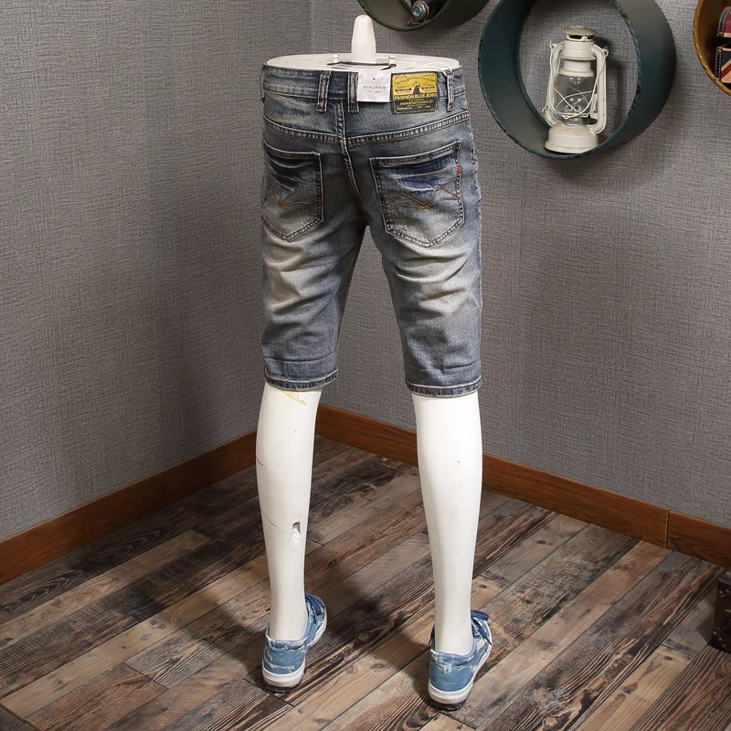 Retro Blue Denim Shorts Men Summer Streetwear Casual Cotton Slim Fit Distressed Short Jeans