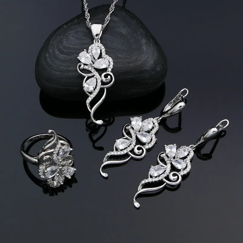 Silver 925 Jewelry Sets for Women White Crystal Earrings Necklace Pendant Ring Silver Set for Girl Party Accessories