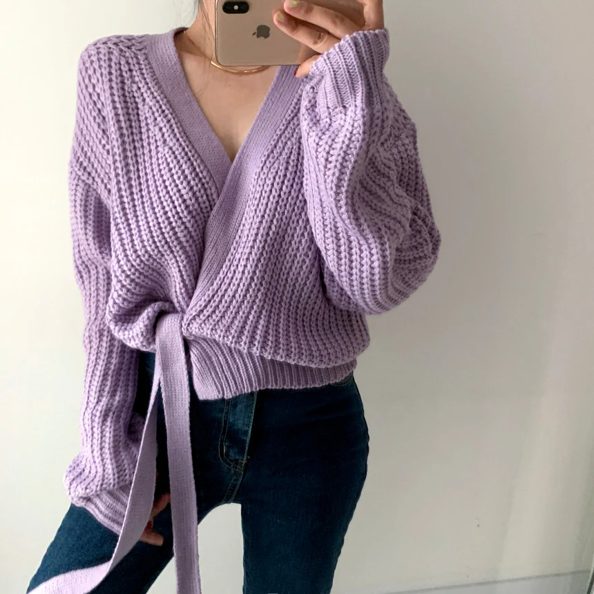 

Comelsexy 2021 New Autumn Winter Loose Women's Cardigans Sashes V-Neck Korean Style Stylish Knitted Chic Lady Sweaters Female