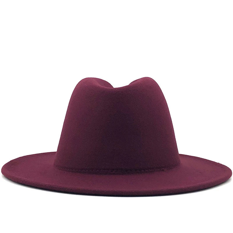 drop Outer wine red Inner Camel Wool Felt Jazz Fedora Hats with Thin Belt Buckle Men Women Wide Brim Panama Trilby Cap 56-60CM