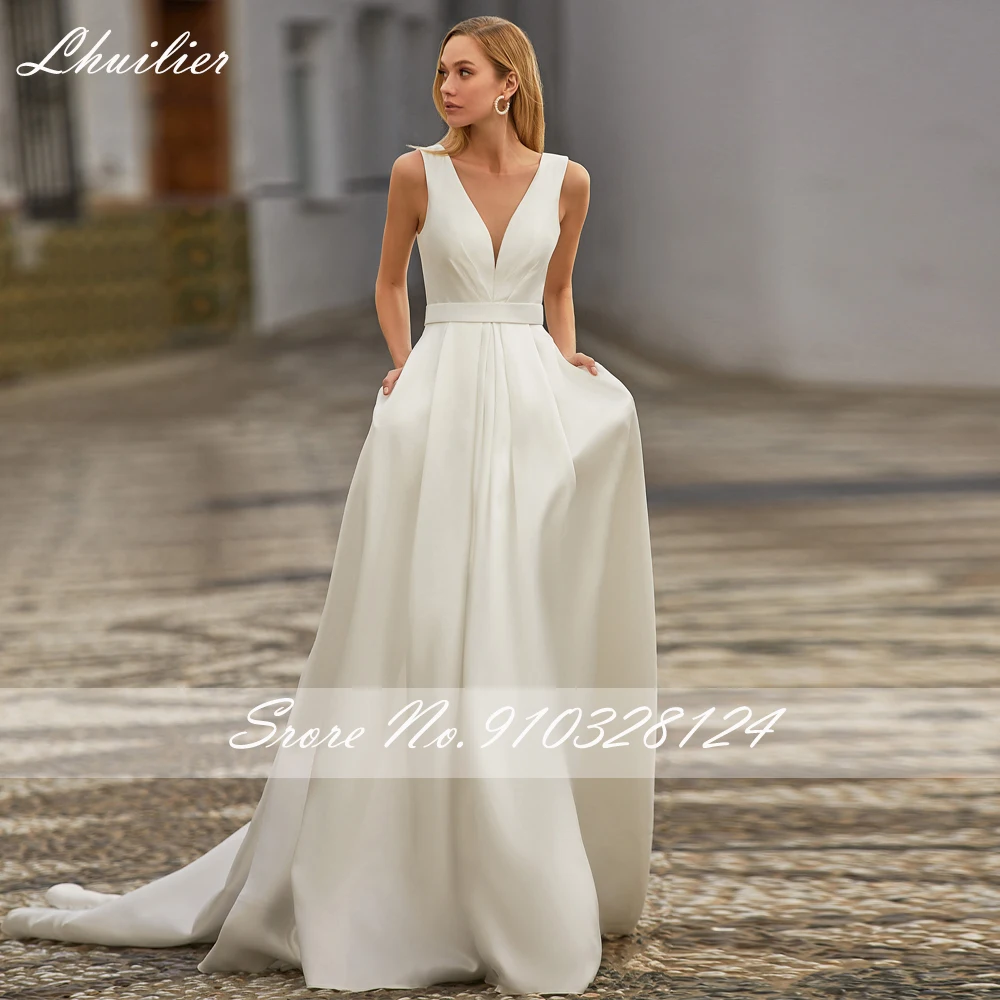 Lhuilier-Mulheres's A Linha V-Neck cetim Vestidos de Casamento, até o chão simples, vestido de noiva sem mangas, Trem Tribunal