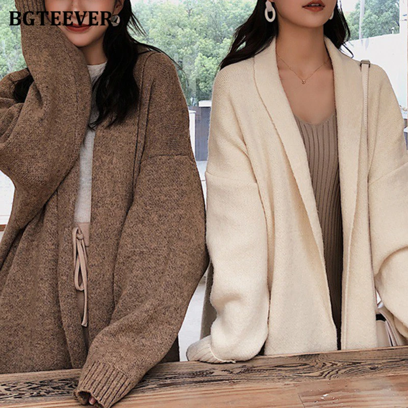 BGTEEVER Stylish Chic Oversized Knitted Cardigans for Women V-neck Soft Warm Loose Female Sweater Cardigans Autumn Winter 2020