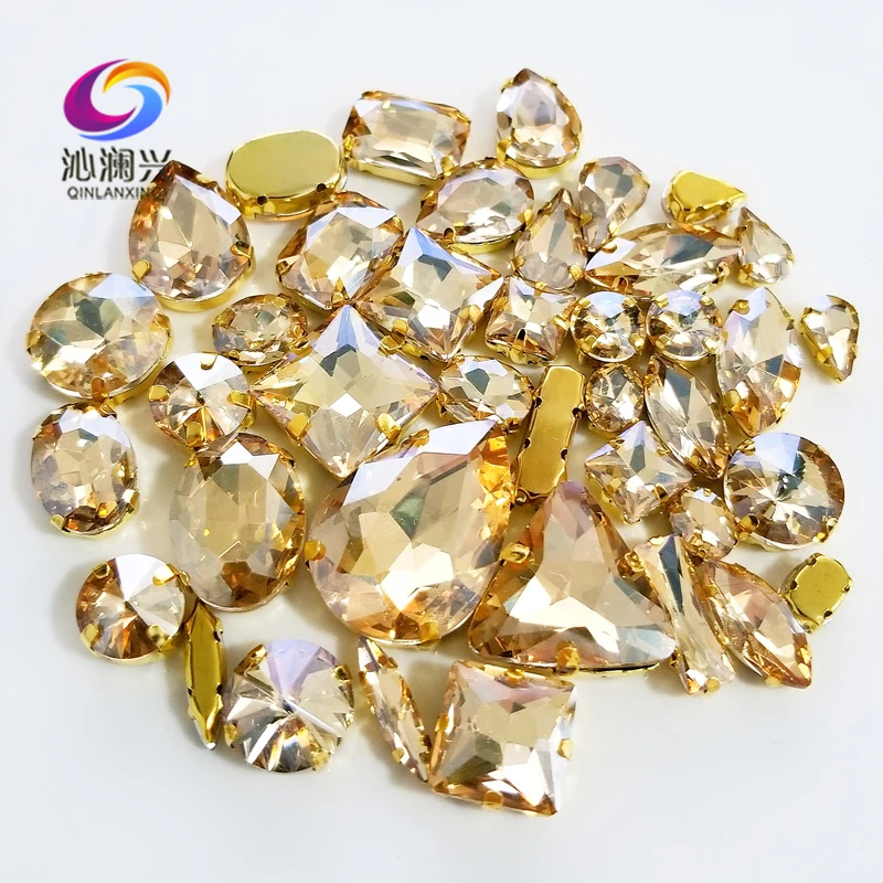 58pcs/pack 22 Colors Gold Base Mix Shape Top Crystal Glass Sew on Stones,Super Flash Claw Rhinestone Diy/Clothing Accessories