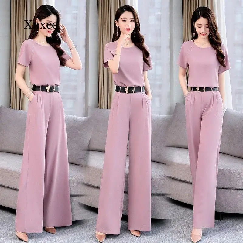 

Summer Women's Suit Trousers Short-Sleeved Casual Fashion Suit Round Neck Waist Slimming Top Loose Wide-Leg Pants