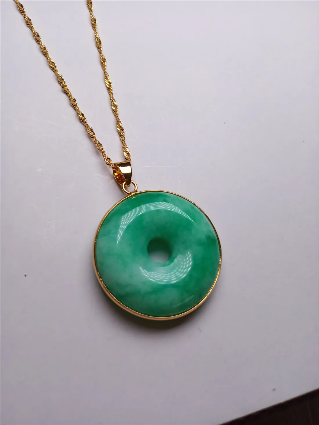 Koraba 925 Silver Donut Round Pendant  Natural Green Jade Necklace