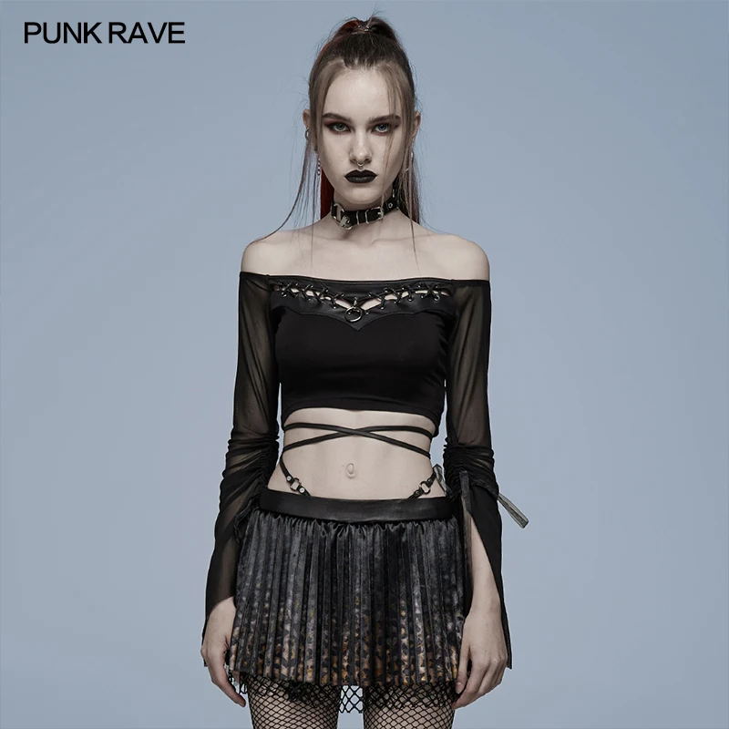 Punk Rave Rock Gothic cut-out slash neck T-shirt Sexy Women Top Performance clothing WT692