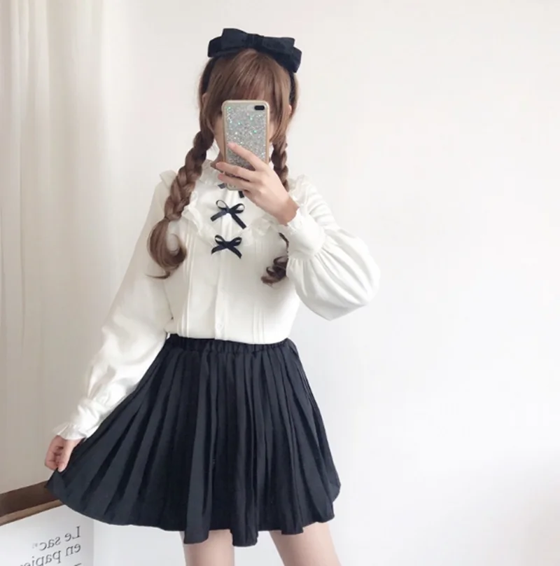 Vintage Cung Điện Sweet Lolita Áo Sơ Mi Phối Ren Tinh Tế Tay PHồng Nơ Đáng Cô Gái Victoria Áo Sơ Mi Gothic Lolita Đầu Cos Loli Top