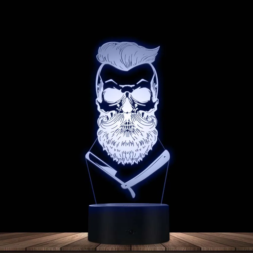 Fryzjer czaszka 3D złudzenie optyczne światło Hipster szkielet do salonu fryzjerskiego golenie LED lampka nocna wąsy czaszka tabela lampa wizualna znak