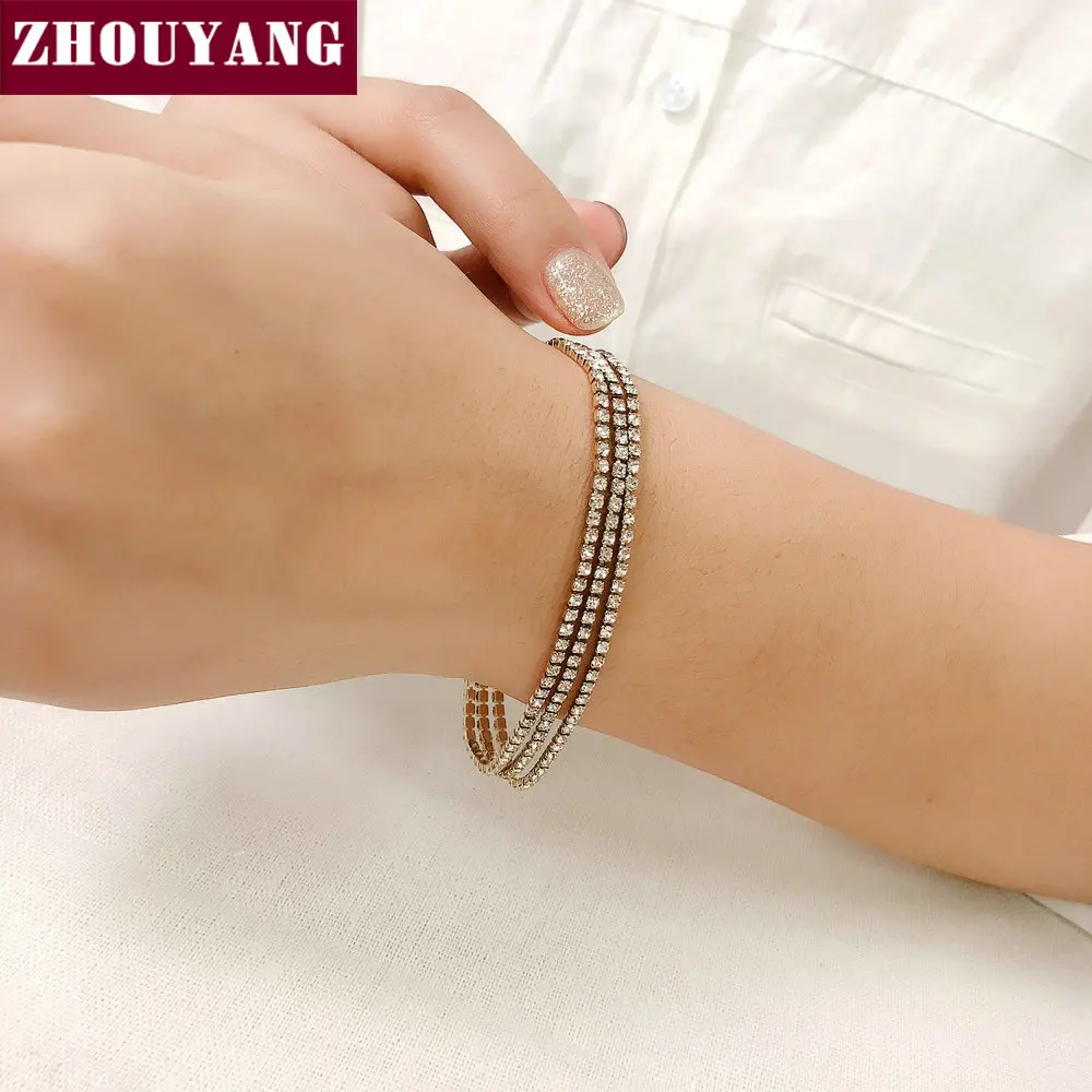 ZHOUYANG Tennis Bracelet For Women Luxury Three In One Row Multicolor CZ Crystal Yellow Gold Color Fashion Jewelry KC116