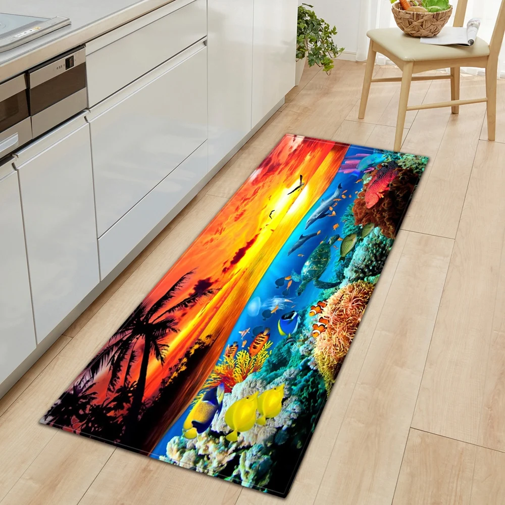 3D Ocean World Fish Carpet Kitchen Mat Entrance Doormat Bedroom Home Floor Decoration Living Room Carpet Bathroom Anti-slip Rug