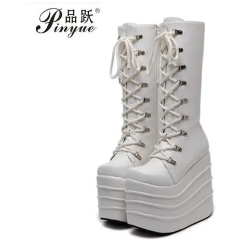 Big Size 34-43 Womens Fashion Punk Style White/Black Cosplay Boots Square Toe Wedges Platform Boots Leather Long Boots