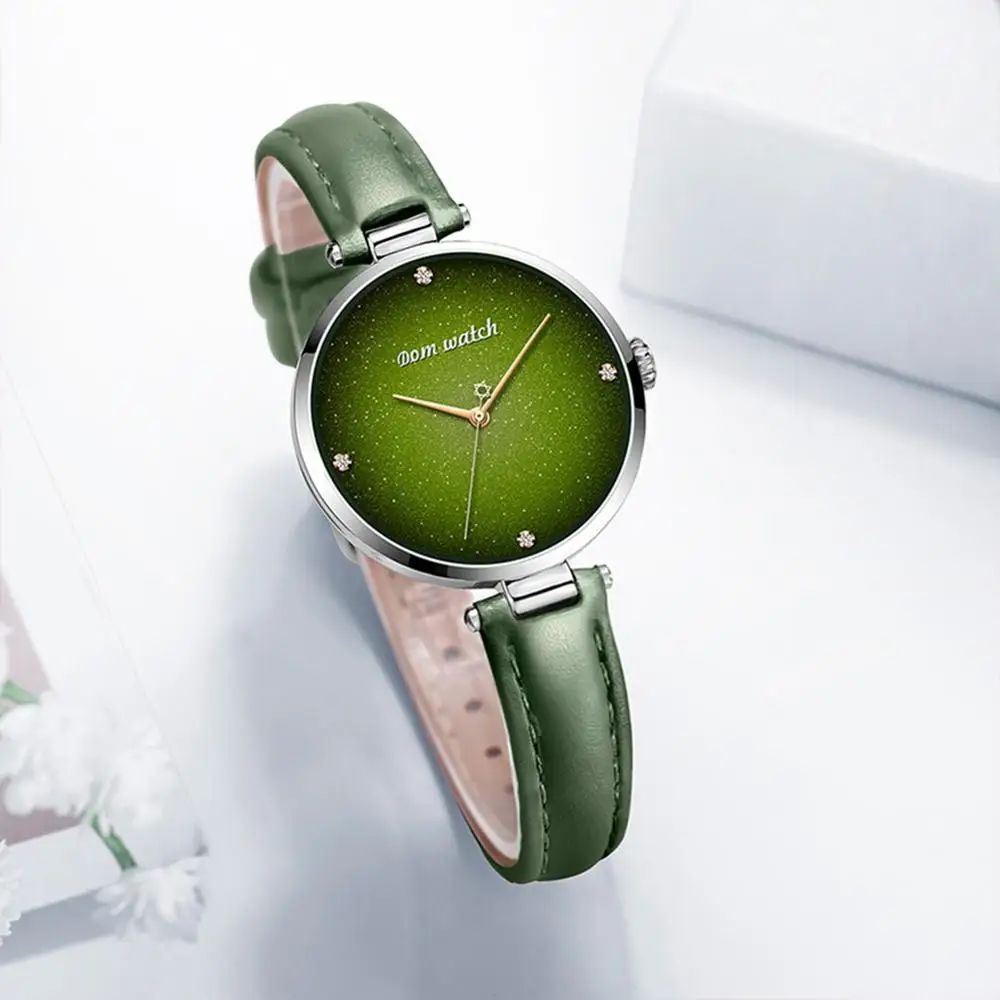 DOM Top Luxury Fashion Female Quartz Wrist Watch Elegant Green Women Watches Leather Waterproof Clock Girl Pattern Watch G-1292