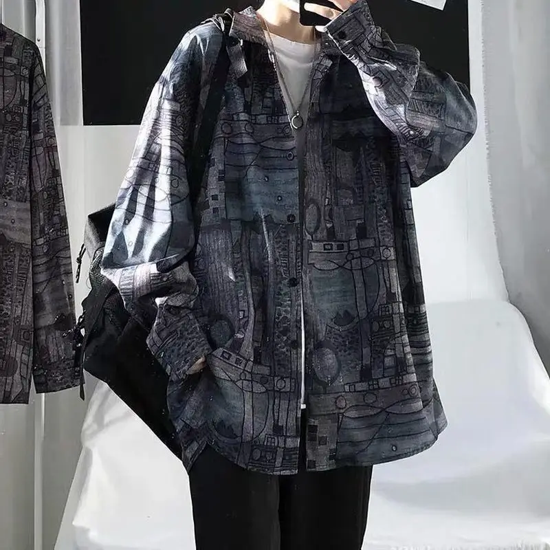 

Autumn tie-dye printed shirt men's Korean loose handsome versatile long-sleeved blouse Hong Kong style hip-hop streetwear jacket