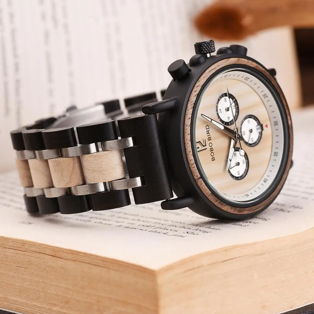 BOBO BIRD Wood Watch Men Luxury Stylish Wooden Timepieces Chronograph Quartz Watches Great Gift for Him Box erkek kol saati OEM