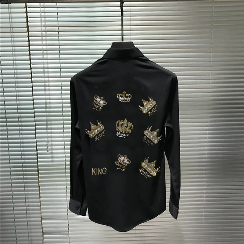 Fall Slim Rhinestone Style Crown Long Sleeve Spring Men's Business Lapel T-Shirt Hot Diamond Design Tops
