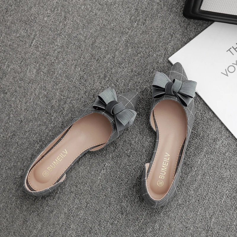 Women Flat Heel Shoes Side Empty Bowknot Lady Flats Plaid Black Gray Pointed Toe 31-45 Spring Summer Shoes All Match Soft Sole