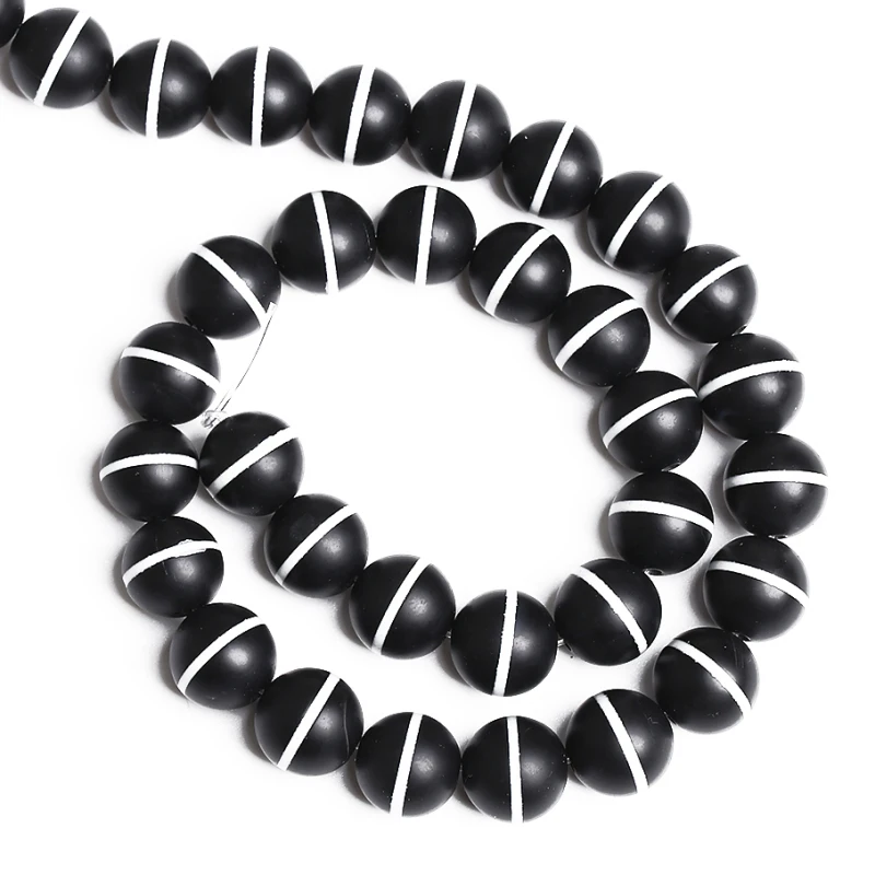 Matte Natural Black Agate Onyx Beads White Line Stripes Stone Round Beads For Jewelry making DIY Bracelets Necklace 6 8 10mm 15