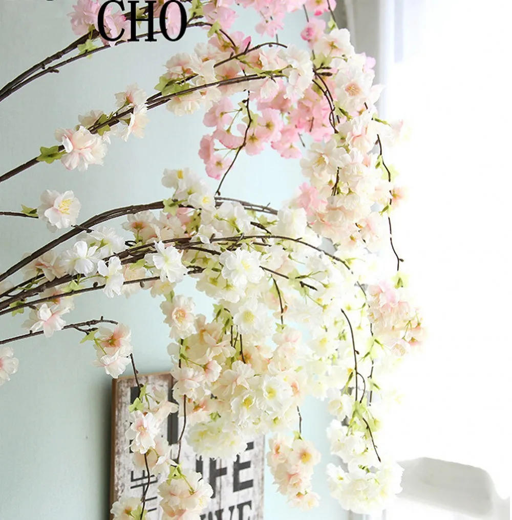 135CM long Fake Cherry Blossom Tree Four Branches Each Bouquet Artificial Flower Silk Wedding Background Wall Decoration Flowers