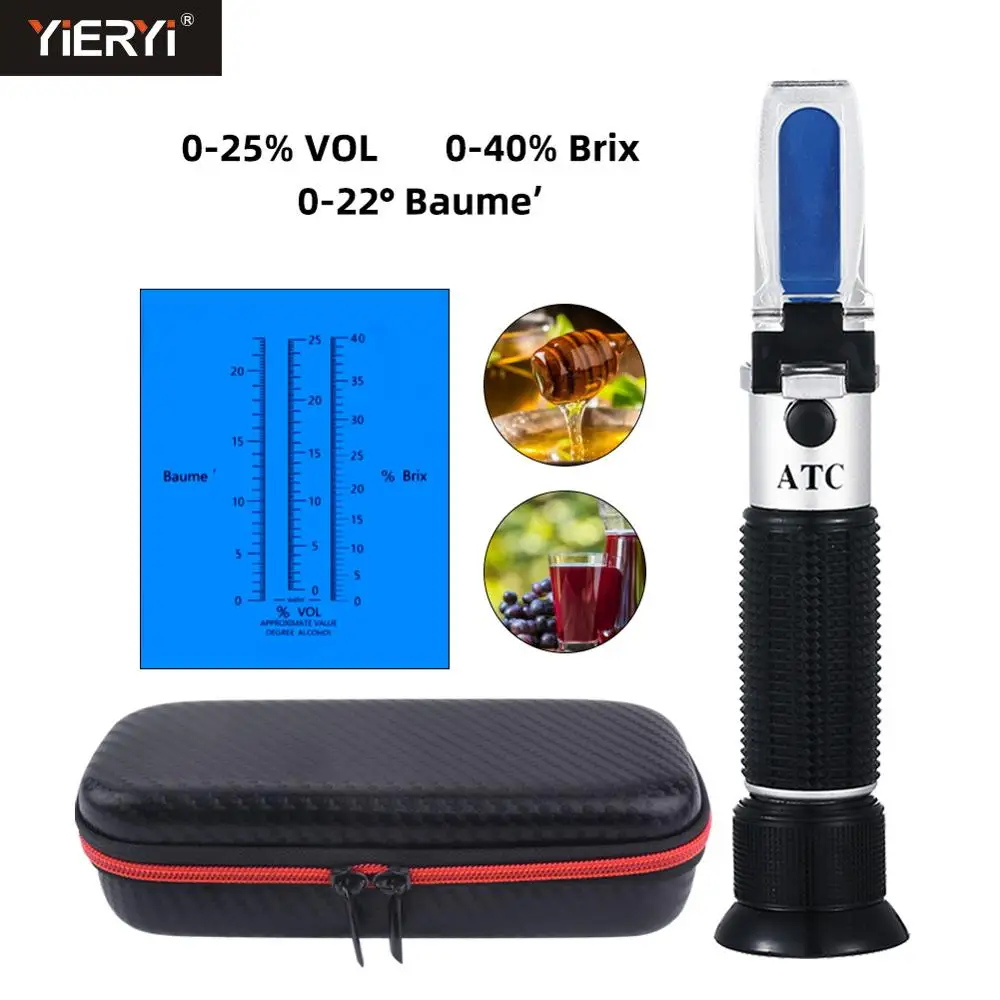 

High quality 3 In 1 hand held Grape & Alcohol Refractometer for winemakers has three scales(0-25%Vol , 0-40%Brix,0-22Baume)