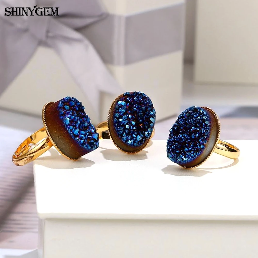 

ShinyGem Fashion 13*18mm Oval Crystal Druzy Stone Rings Charm Rainbow Geode Sparkling Adjustable Rings For Women Jewelry Gift