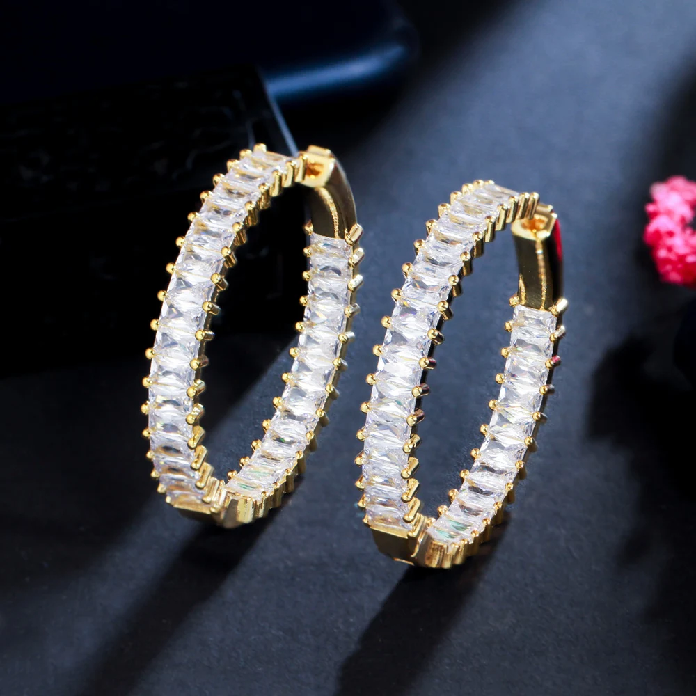 CWWZircons Schicke Baguette-Bambus-Zirkon Große Runde Creolen für Damen Luxus-Statement-Designerschmuck Großhandel E0740 – Detail 6
