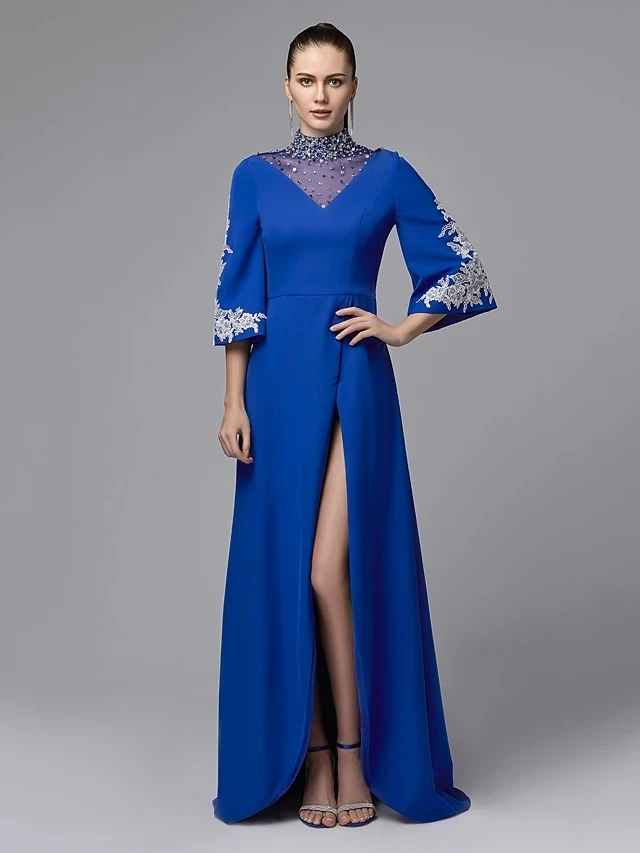 

Royal Blue Arabic Dubai Evening Formal Dress 2024 High Neck Half Sleeve Beading Split Front Prom Party Gown Vestidos