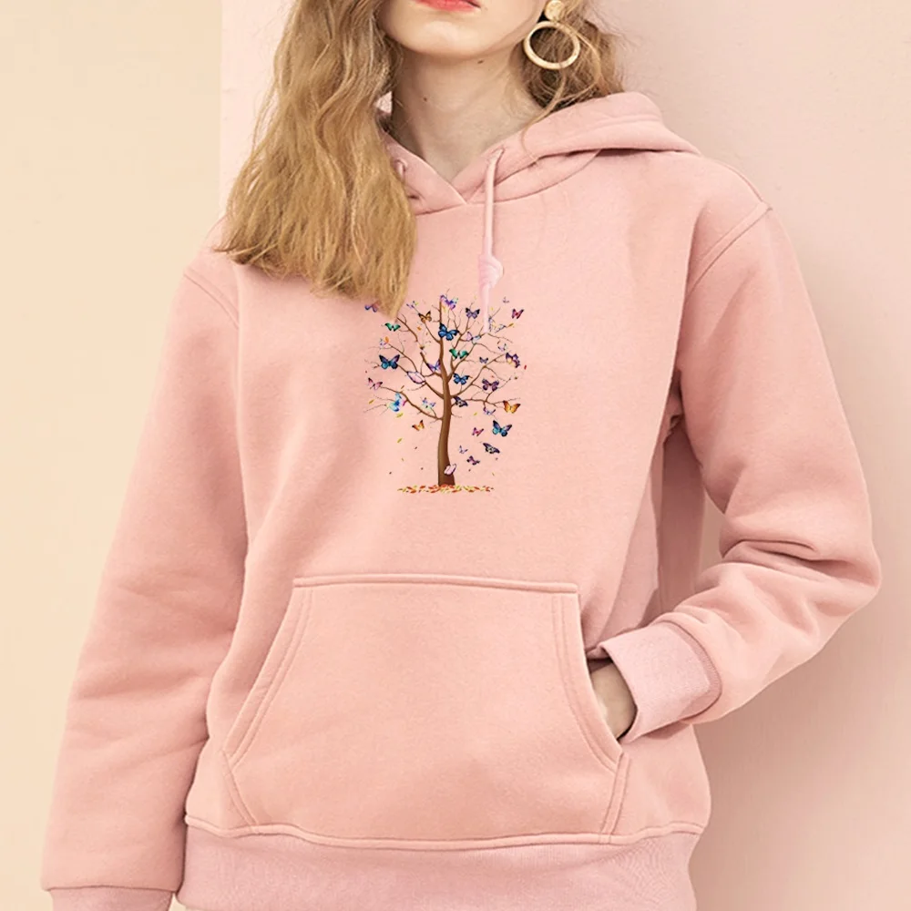 Women's Fashion Hoodie Butterfly Print Long Sleeve Big Pocket Sports Pullover Casual Sports Top Ladies Pullover Hoodies