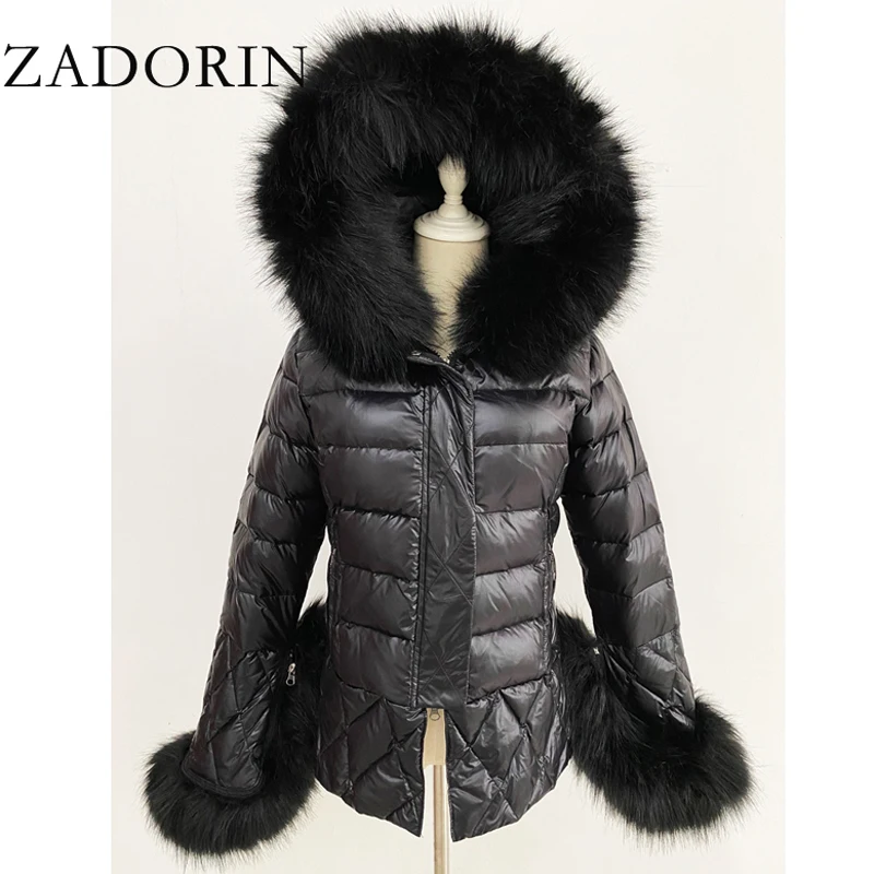 ZADORIN 2024 Trend White Duck Down Patchwork Faux Fur Jacket Women Winter Warm Big FAUX Raccoon Fur Hood Women Faux Fur Coat