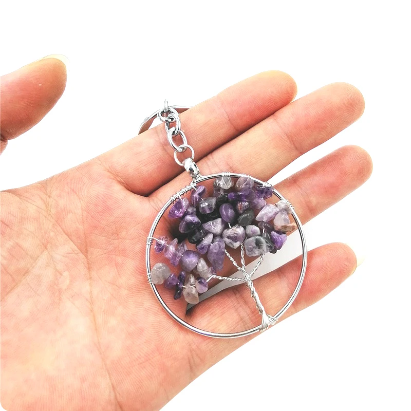 Natural Stone 7 Chakra Round Tree of Life Keychains For Women Rose Quartz Key Chain On Bags Trinket Yoga Jewelry Party Gift