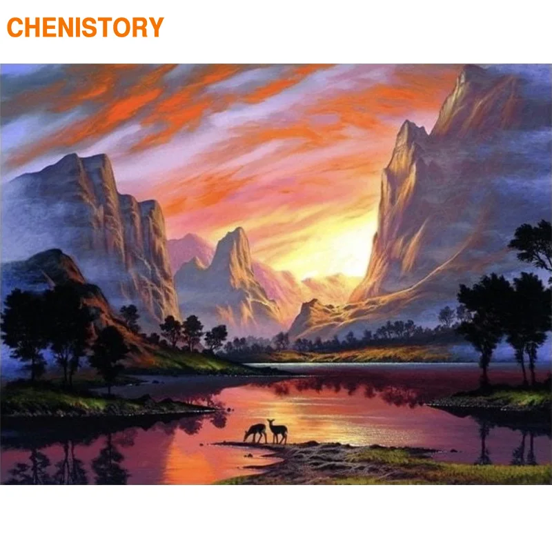 CHENISTORY – peinture sur toile avec les chiffres, paysage de coucher de soleil, calligraphie, Art mural, pour décoration de maison, 60x75cm