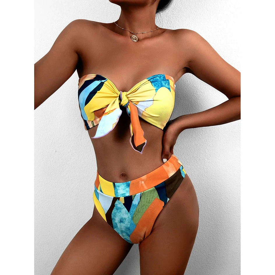 Sexy Knot Bandeau Bikini 2024 New Swimsuit Women Swimwear Female High Waist Bikini Set Swimming for Bathing Suit Woman Swimsuit