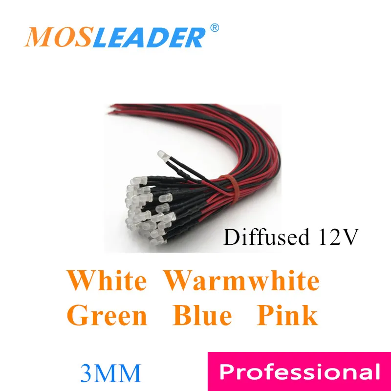 

Mosleader 1000pcs 3MM 12V LED with wire 20CM Diffused White Warmwhite Green Blue Pink Indicator led Prewired Emitting Diodes