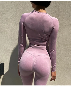 Conjunto de Yoga sin costuras para mujer, ropa de entrenamiento, Top corto de manga larga para gimnasio, mallas de cintura alta, ropa deportiva para Fitness, traje deportivo, 2 uds.