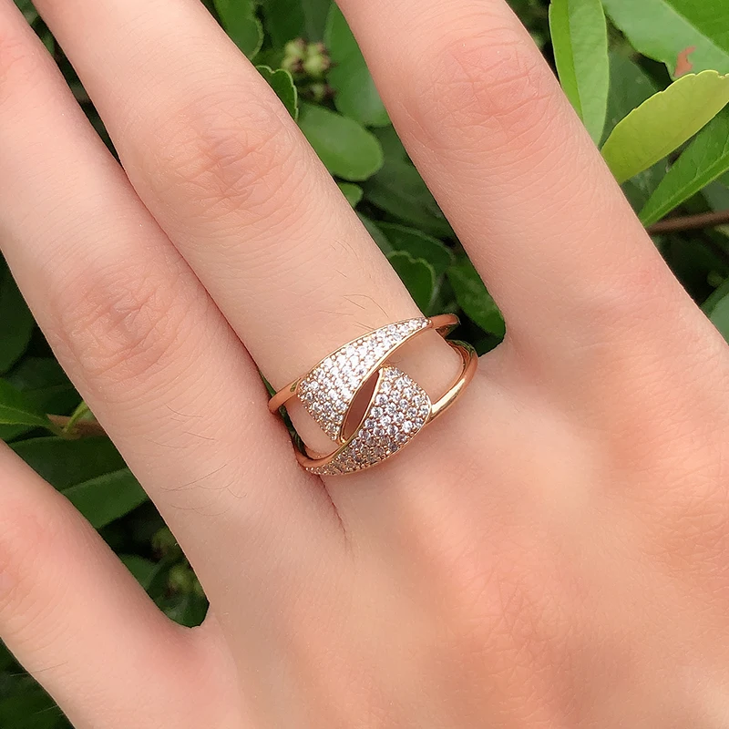 Kinel Hot 585 Rose Gold Ring Fashion Jewelry 2021 Micro Wax Inlay Natural Zircon Geometry Fine Ring Women Ethnic Wedding Jewelry